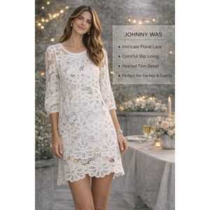 Johnny Was Lisetta White Floral Lace Mini Dress Womens Medium NWT $538